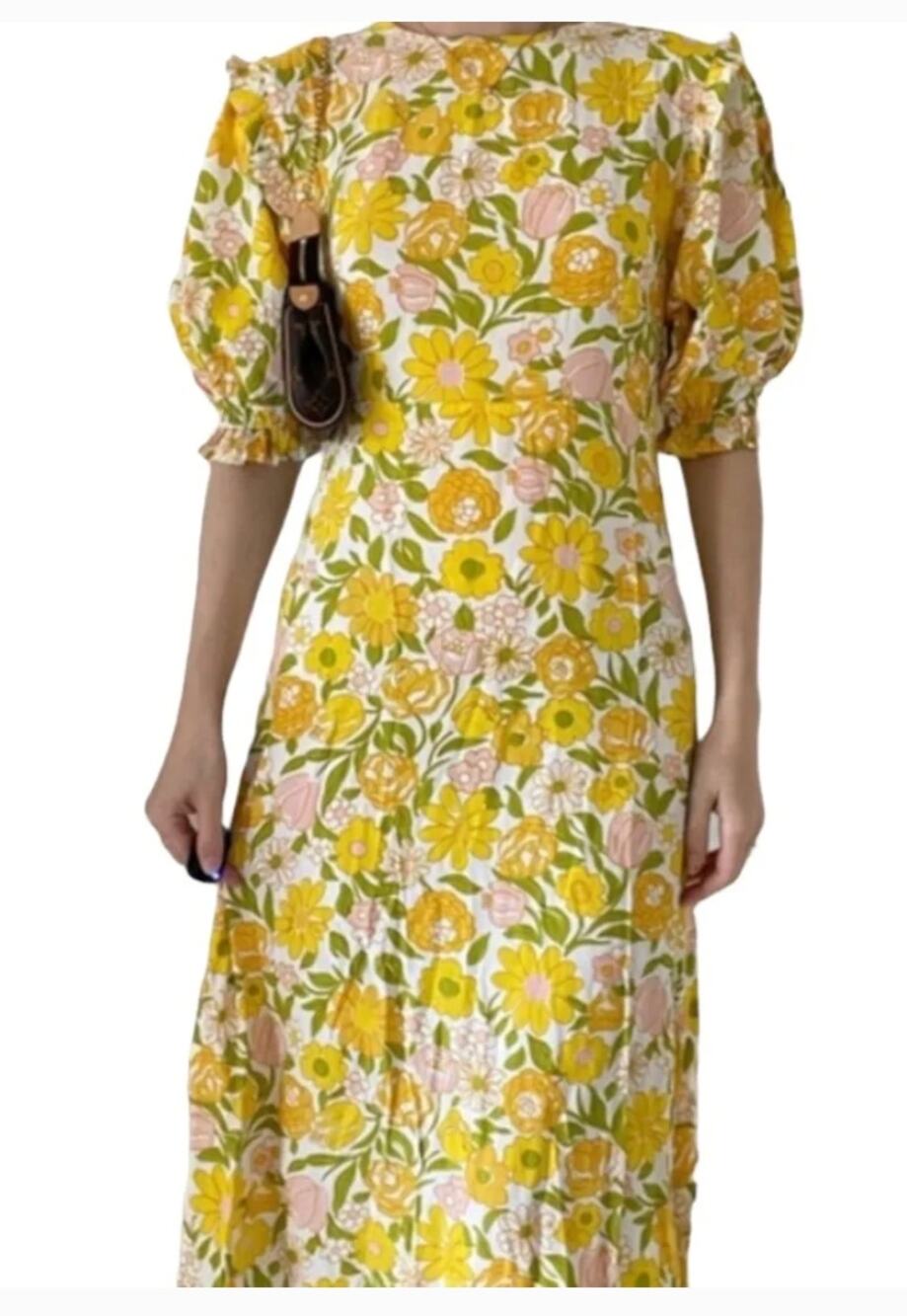 Faithfull The Brand Jean-Marie Yellow Floral Midi Dress Size 6/M